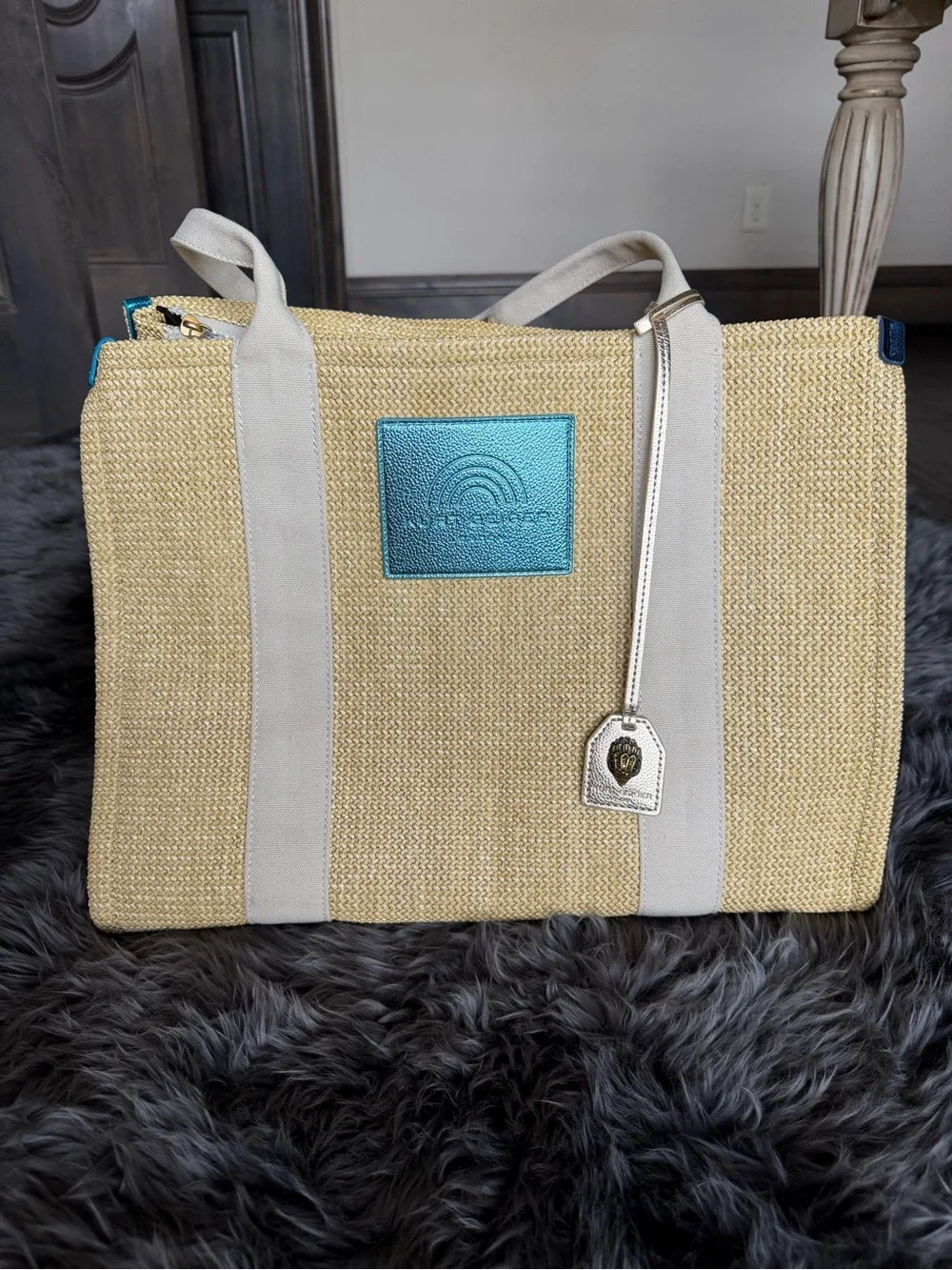 Calling all Beaches! Kurt Geiger Cream Straw Tote with Blue Metallic Logo Patch - Picture 3 of 9